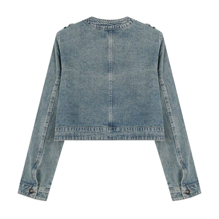 Women's Cropped Denim Jacket in Military Style with Decorative Button Strips Amarae