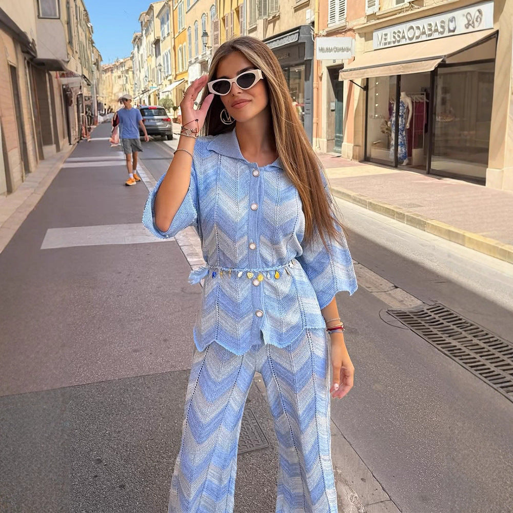 Women's fine knit two-piece set in chevron pattern with shirt collar and wide leg Amarae