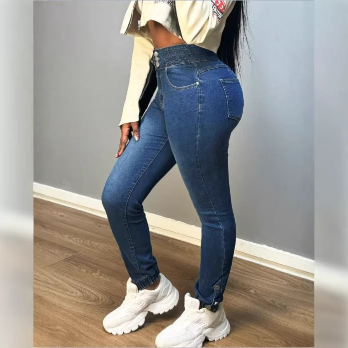 Women high-waisted shaping skinny jeans with double waistband closure and adjustable ankle drawstring Amarae