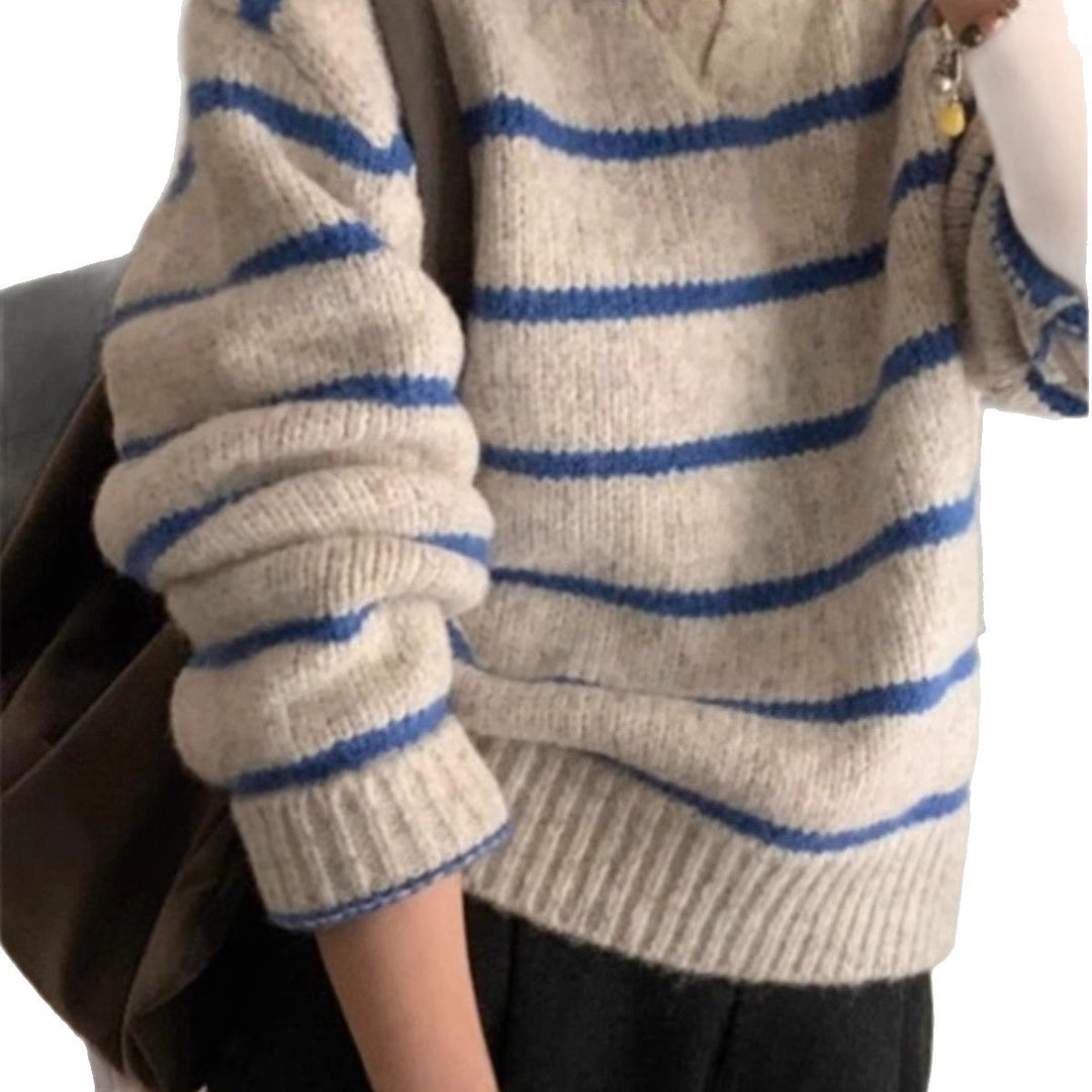 Pull en tricot pour femmes avec col en V et rayures Chic & Stil