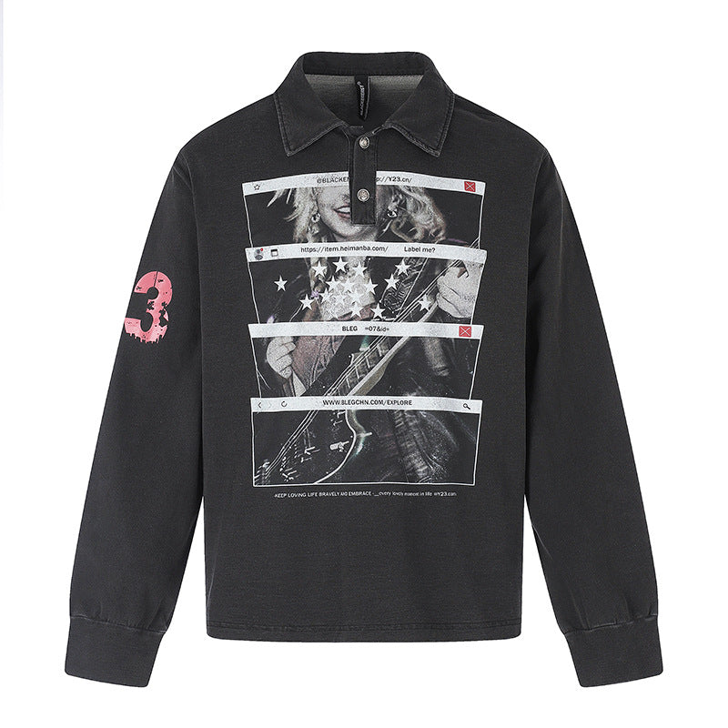 Men's Long Sleeve Polo Shirt with Vintage-Inspired Front Print, Shirt Collar and Button Placket Amarae