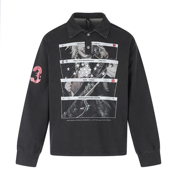Men's Long Sleeve Polo Shirt with Vintage-Inspired Front Print, Shirt Collar and Button Placket Amarae