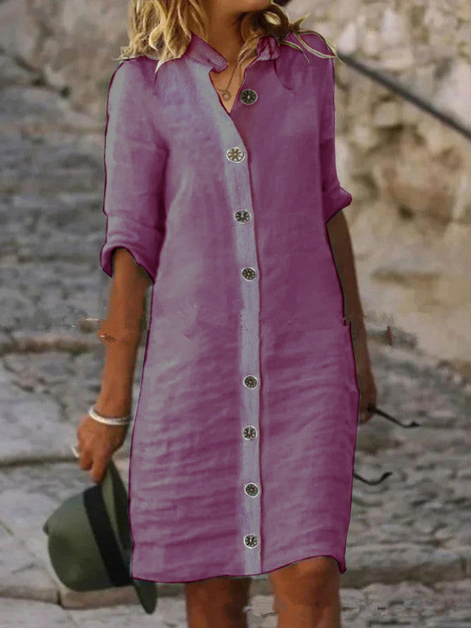Linen shirt dress for women with button placket and roll-up sleeves Lune London
