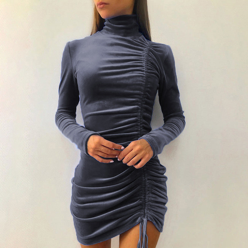 Elegant velvet mini dress for women with high collar and refined gathered effect Lune London