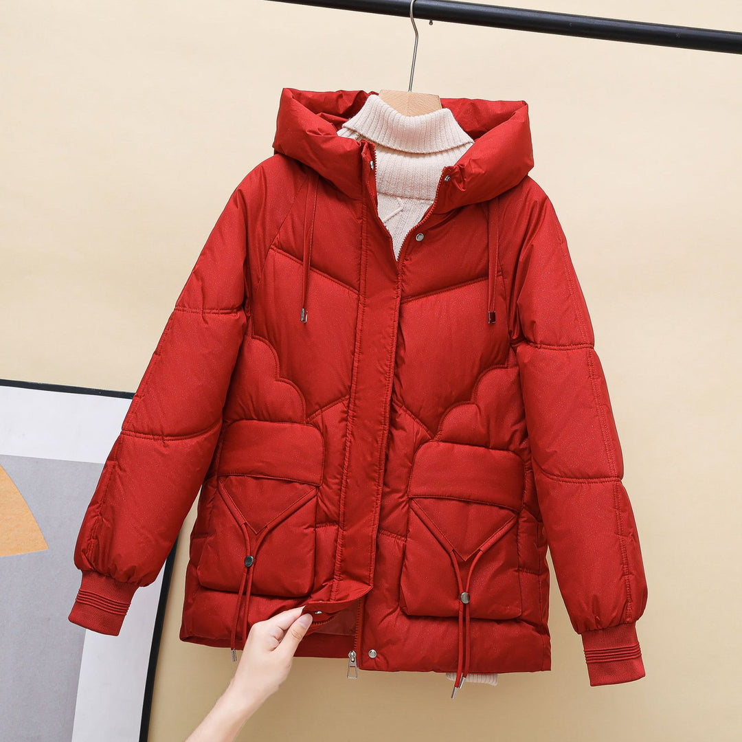 Ladies winter quilted down jacket with hood and heart-shaped details Lune London