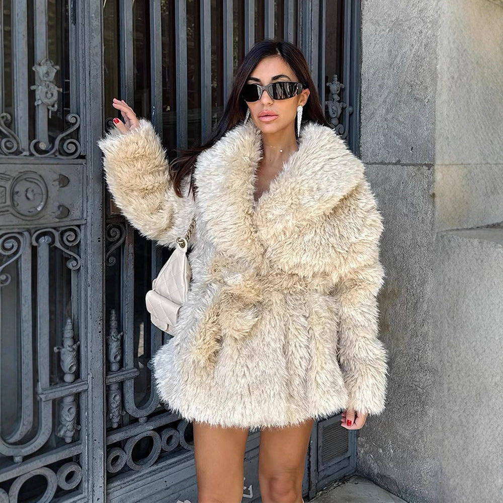 Women Short Cozy Faux Fur Coat with Waist Belt and Voluminous Shawl Collar Amarae