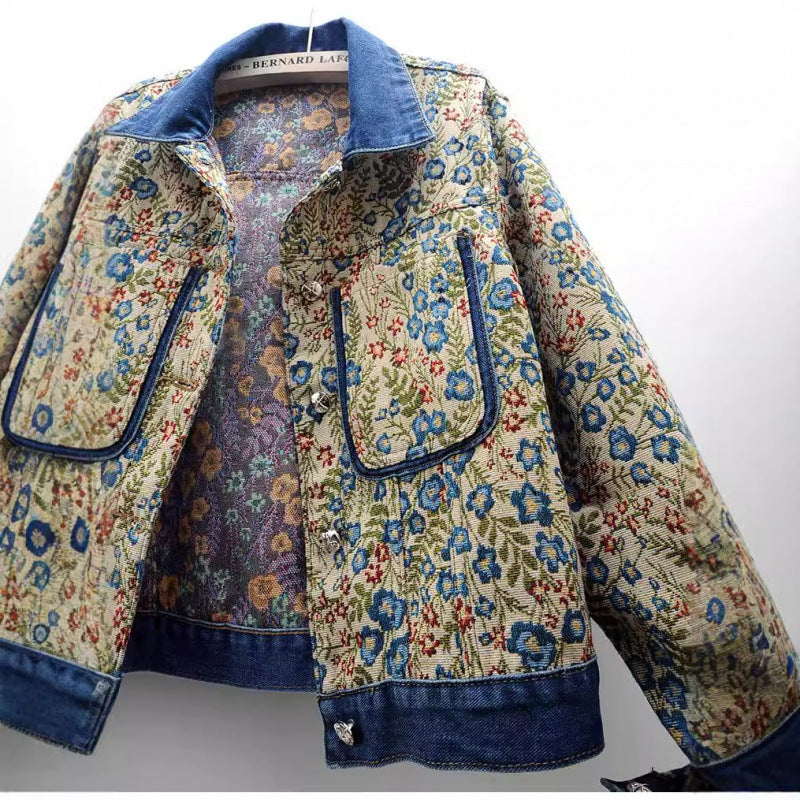 Floral patterned denim jacket for women with applied pockets and collar Lune London