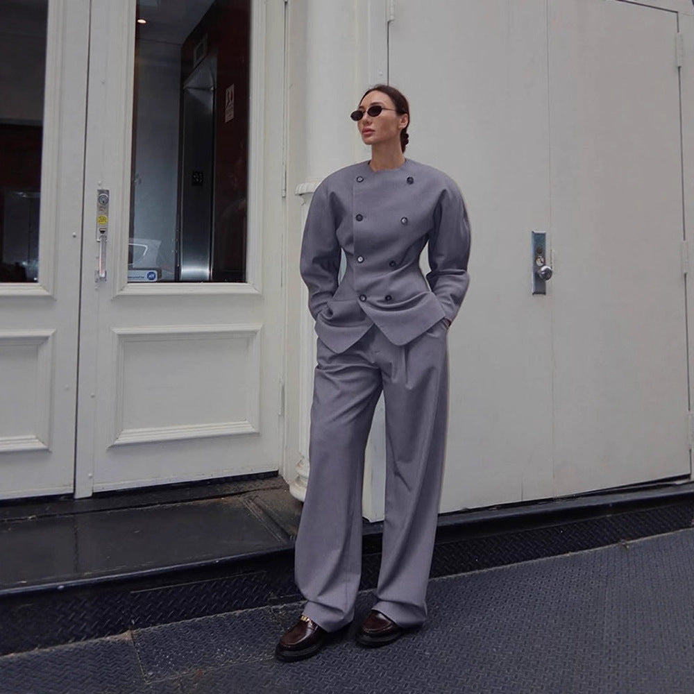 Women's Tailored Double-Breasted Blazer with Asymmetric Closure and Pleated Pants Amarae