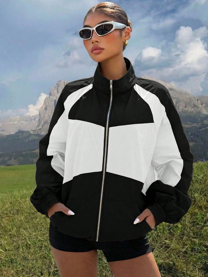 Women’s Lightweight Windbreaker Jacket with High Stand Collar and Colorblock Design Amarae
