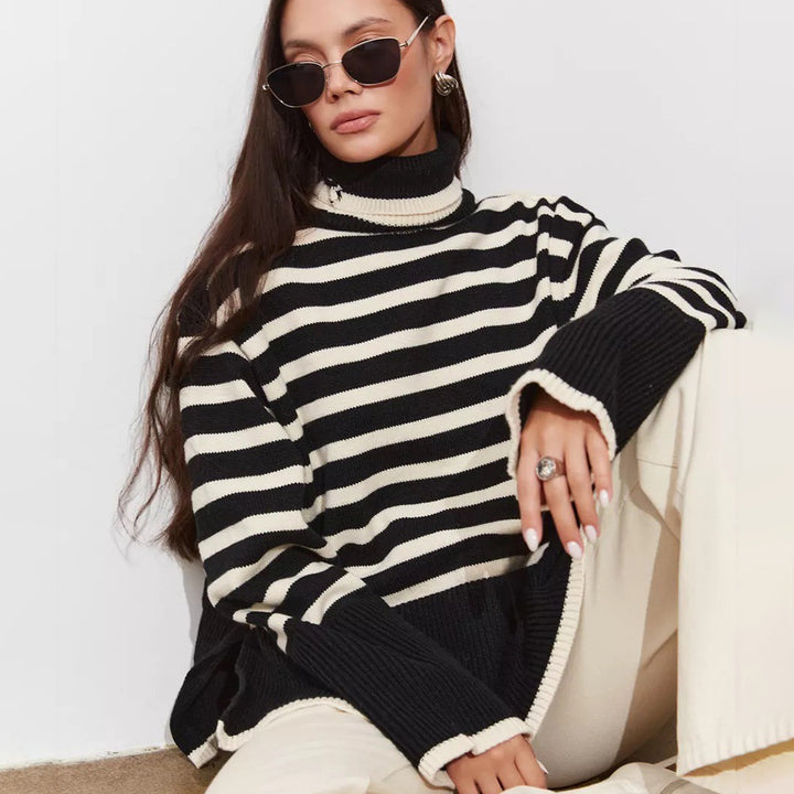 Women's comfortable turtleneck sweater with classic stripes and trendy details Lune London