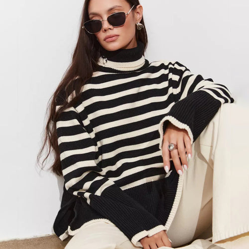 Women's comfortable turtleneck sweater with classic stripes and trendy details Amarae