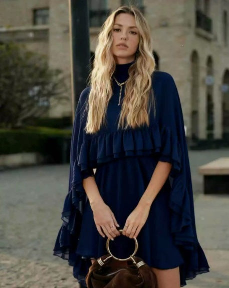 Women Elegant Ruffle Dress with High Neckline and Flowing Cut Lune London