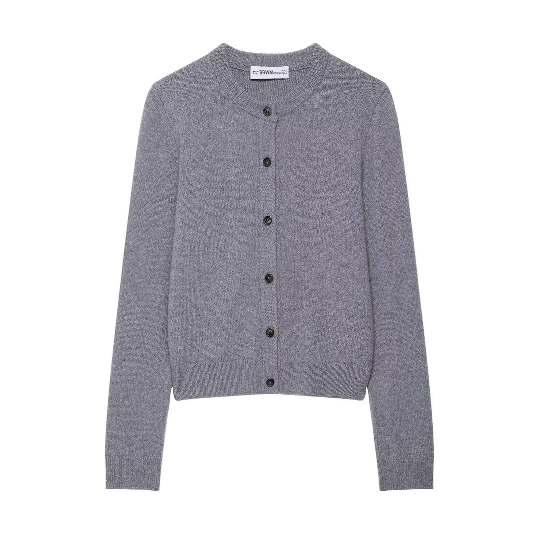 Women Short-Cut Fine Knit Cardigan with Round Neck and Ribbed Cuffs Amarae