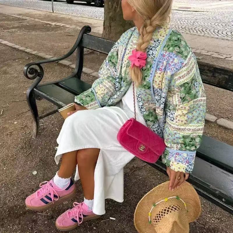 Ladies quilted patchwork quilted jacket with open shawl collar and patch pockets Amarae