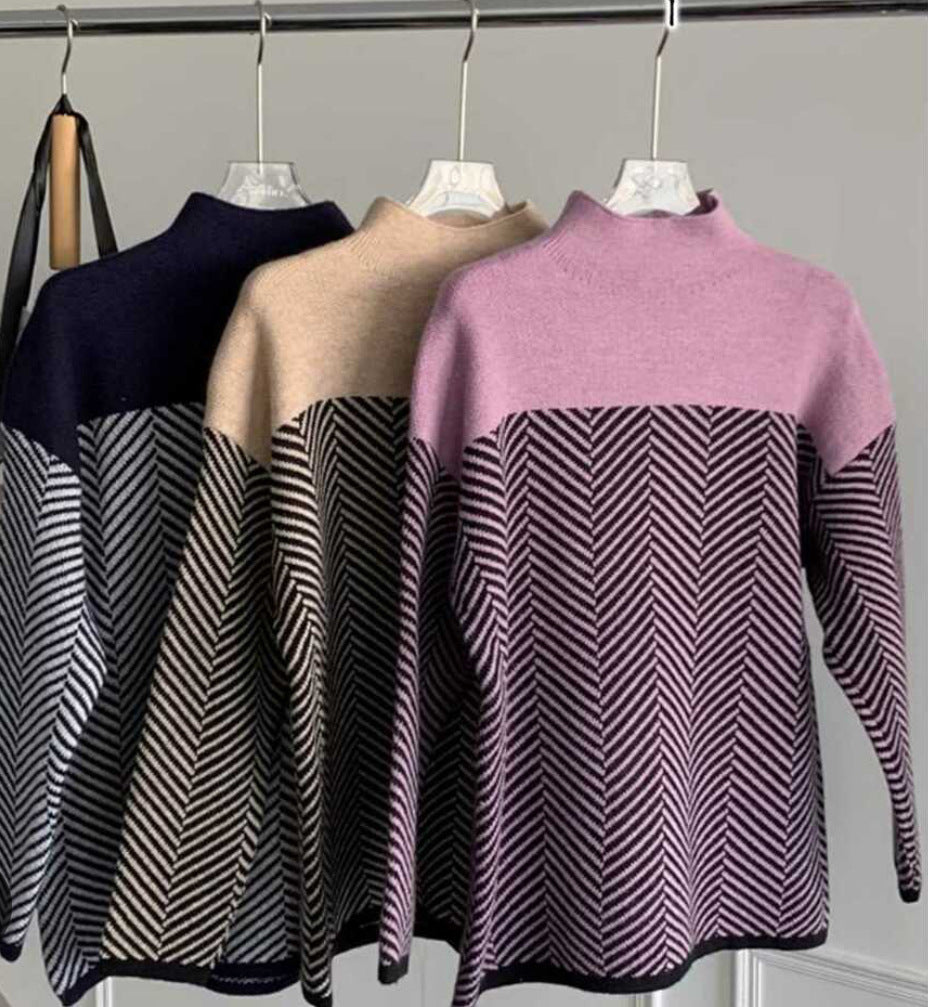 Women chunky knit sweater with high neck and zigzag pattern Lune London