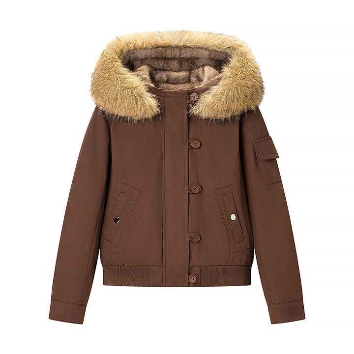 Women's Cozy Bomber Jacket with Faux Fur Hood and Teddy Lining Amarae