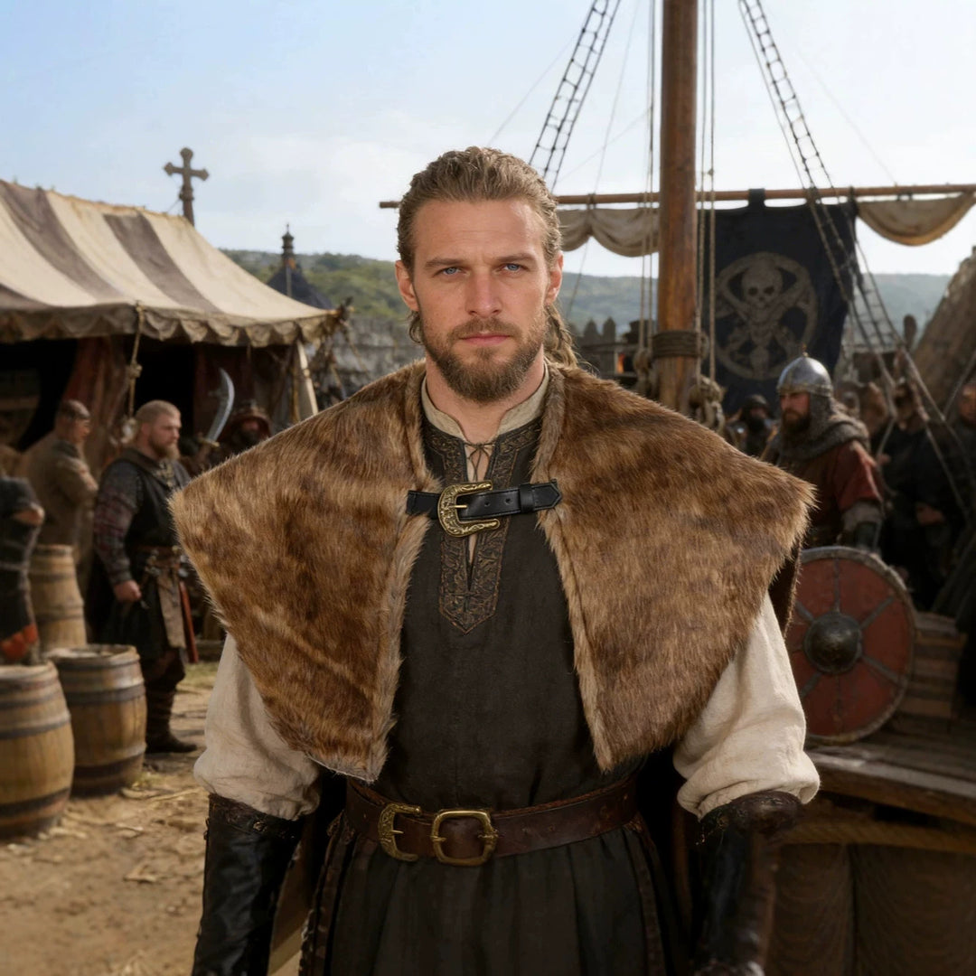 Men's shoulder cape made of faux fur with buckle closure and rustic Viking look Amarae
