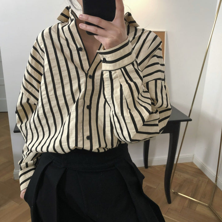 Women Striped Oversized Shirt Blouse with Drop Sleeves and Button Cuffs Amarae