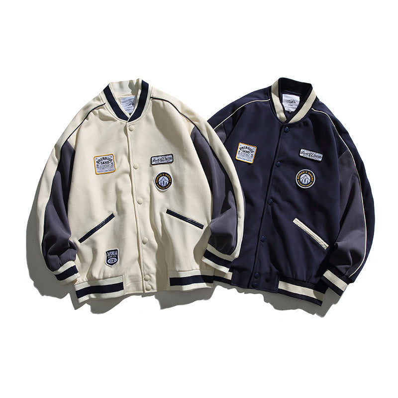 Unisex Boxy College Bomber Jacket with Badge Applications and Contrasting Ribbed Cuffs Amarae