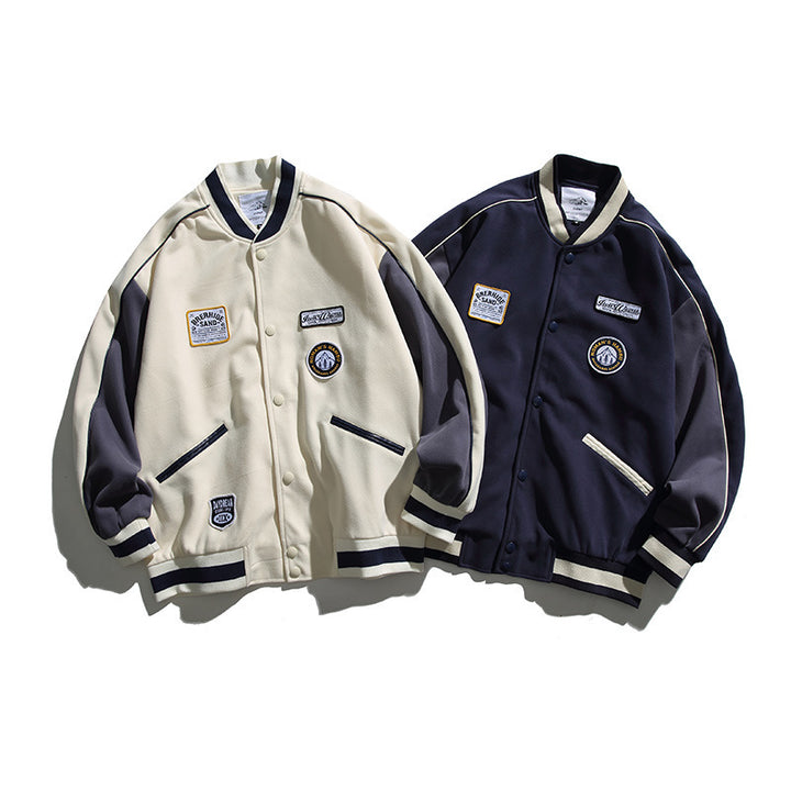 Unisex Boxy College Bomber Jacket with Badge Applications and Contrasting Ribbed Cuffs Amarae