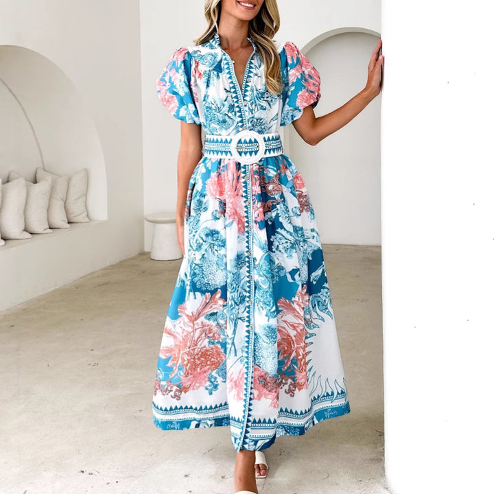 Women's maxi dress with voluminous puff sleeves and delicate floral pattern Lune London