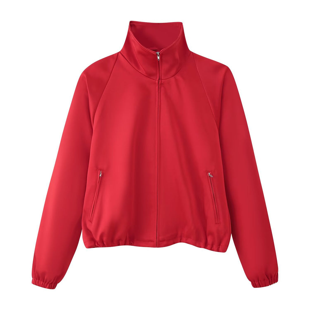 Women's Lightweight Windbreaker Jacket with Stand Collar, Zipper Pockets and Elastic Hem Amarae