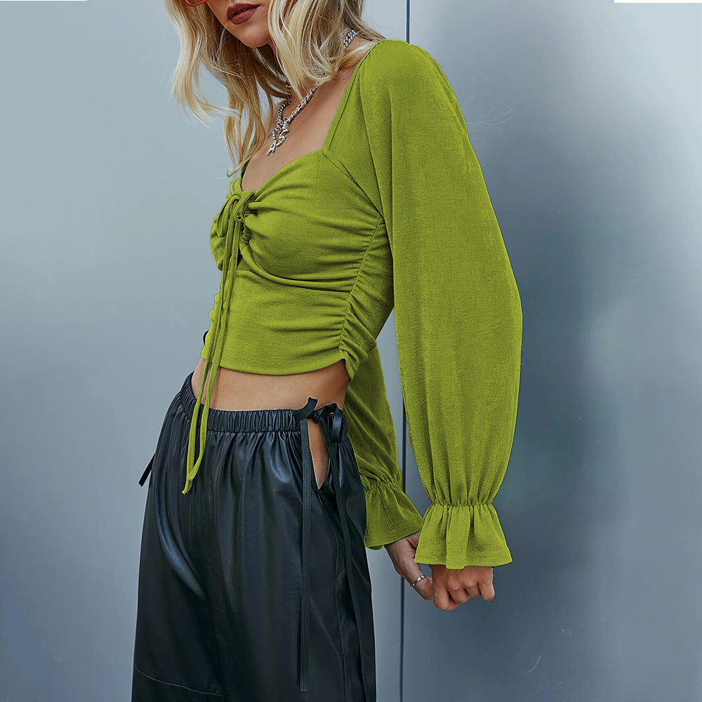 Chic & Stil Women's Short Long Sleeve Shirt with Complex Ruffle Patterns and a Tying Detail