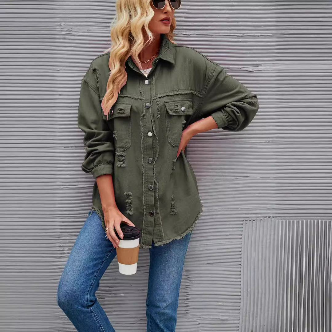 Oversized denim jacket for women with modern distressed details Lune London