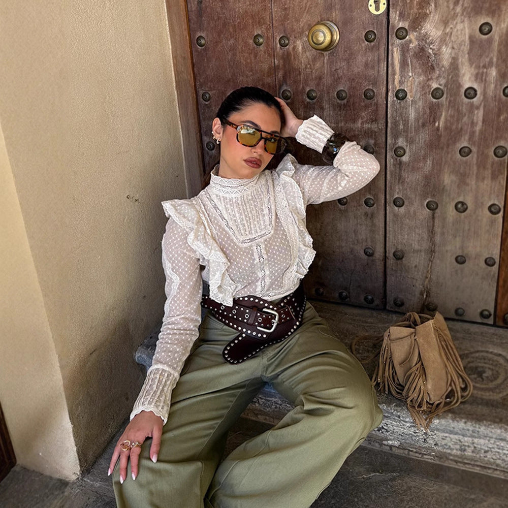Women's Transparent Dobby Lace Blouse with High Stand-Up Collar, Ruffles & Button Cuffs Amarae