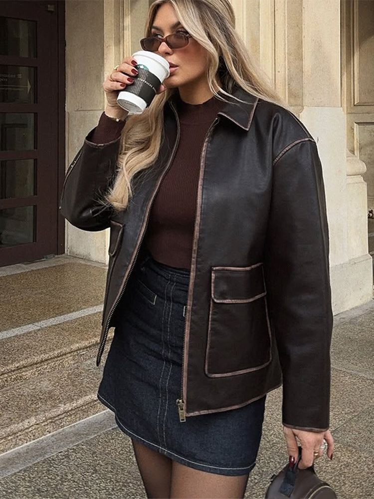 Women's Short Faux Leather Jacket in Aviator Look with Contrasting Decorative Seams Amarae