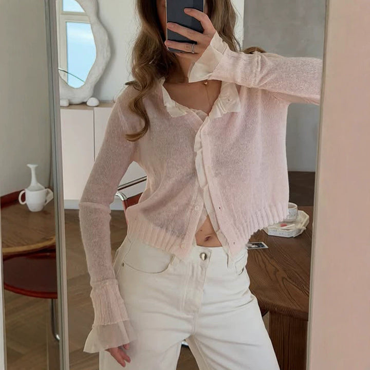 Women's Lightweight Short Mohair-Style Cardigan with V-Neck and Button Placket Amarae