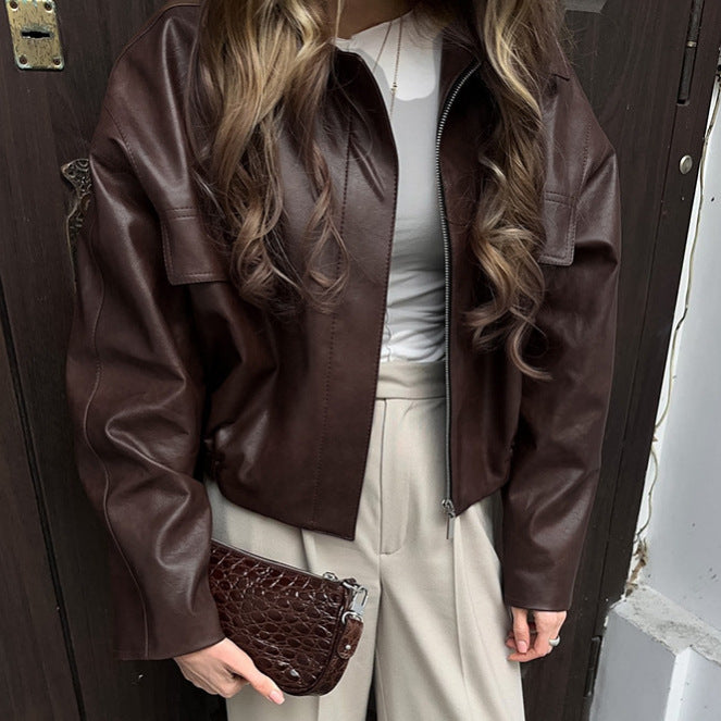Casual faux leather jacket for women with asymmetric cut and zipper Lune London