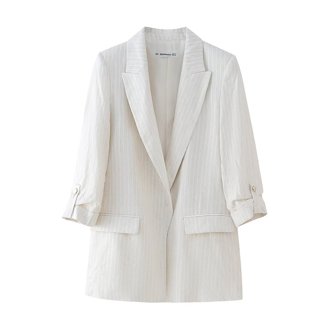 Women's linen look long blazer with wide lapels, roll-up sleeves, and flap pockets Amarae