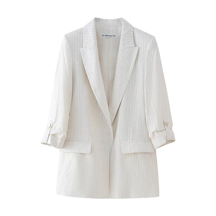 Women's linen look long blazer with wide lapels, roll-up sleeves, and flap pockets Amarae