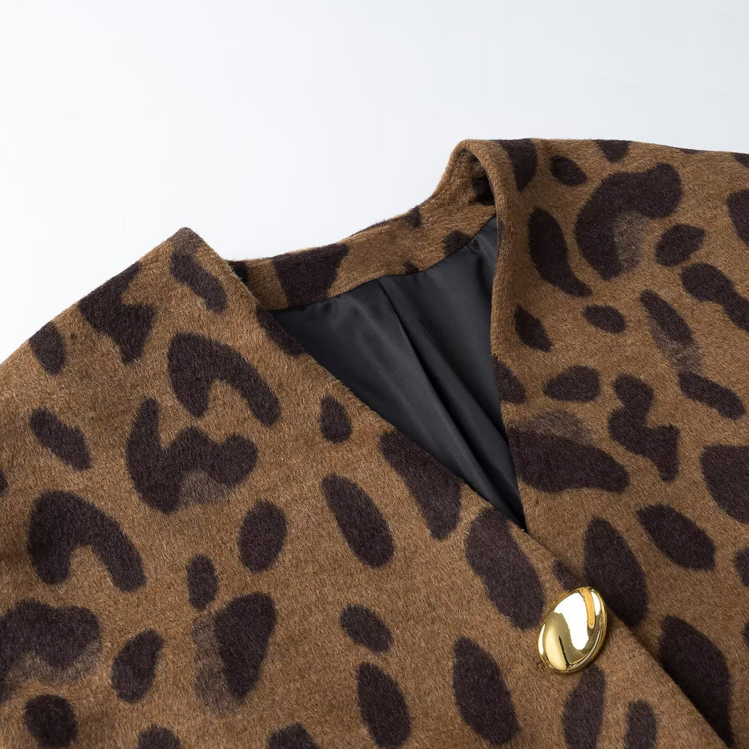 Ladies sleeveless wool blend vest in leopard print with V-neck and decorative button Amarae
