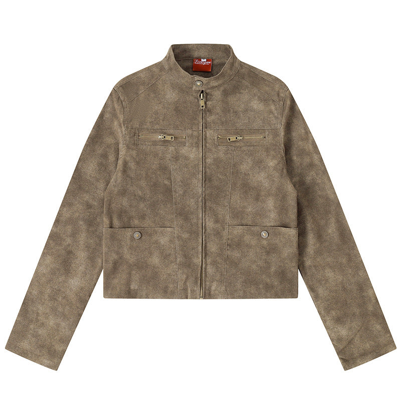 Women's short cut biker jacket in suede look with stand-up collar and chest zipper Amarae