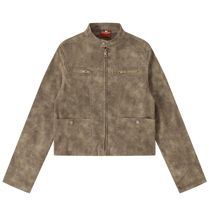 Women's short cut biker jacket in suede look with stand-up collar and chest zipper Amarae