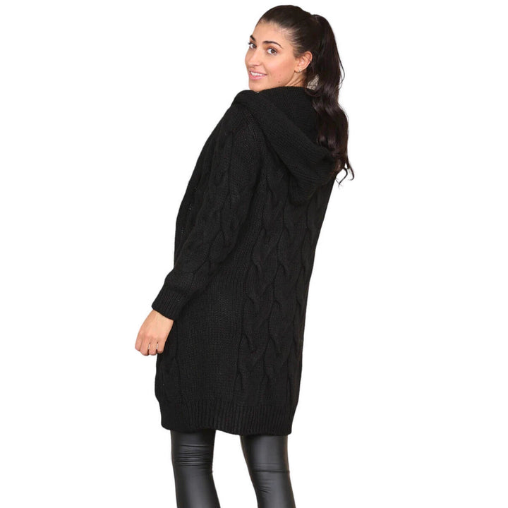 Ladies Chunky Knit Hoodie-Coat with Braid Design and Deep Pockets Lune London