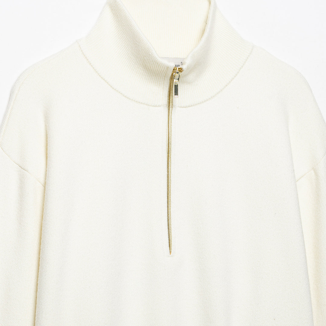 Women's Cropped Oversized Knit Sweater with Half Metal Zipper and Funnel Neck Amarae