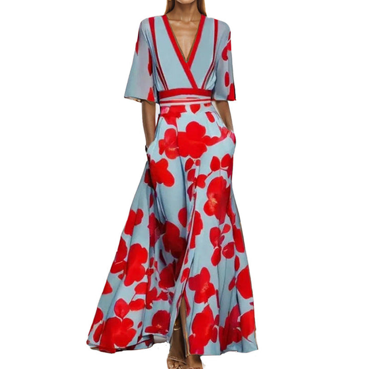 Lune London | Elegant V-Neck Printed Waist Dress with Peplum
