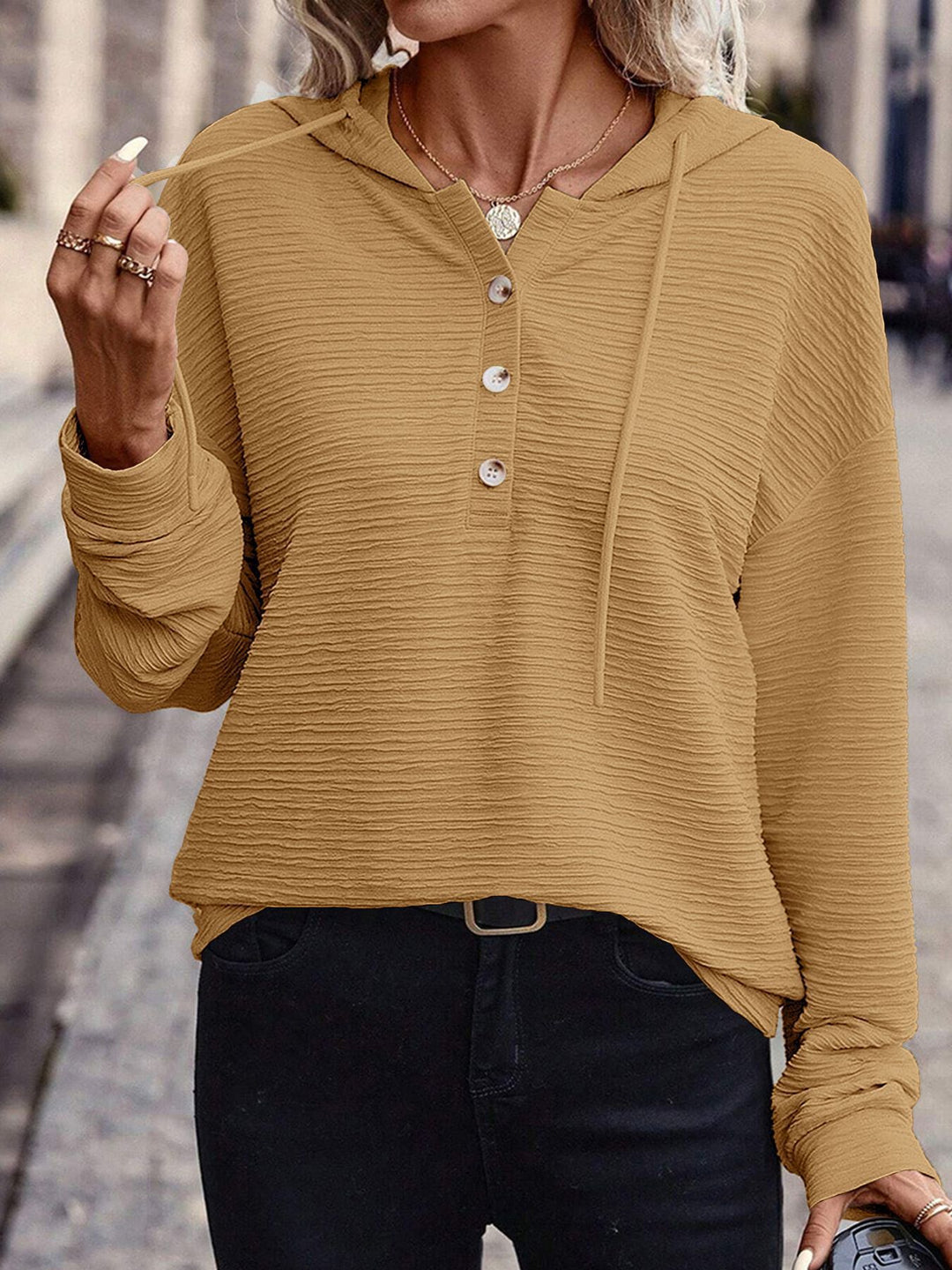 Hooded T-shirt for women with button placket and textured surface Lune London