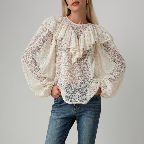 Blouse for women with voluminous ruffles and lace pattern Amarae