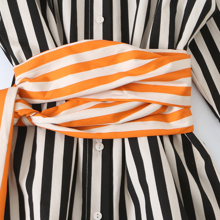 Women Oversize Stripe Blouse with Waist Tie and Shirt Collar Amarae