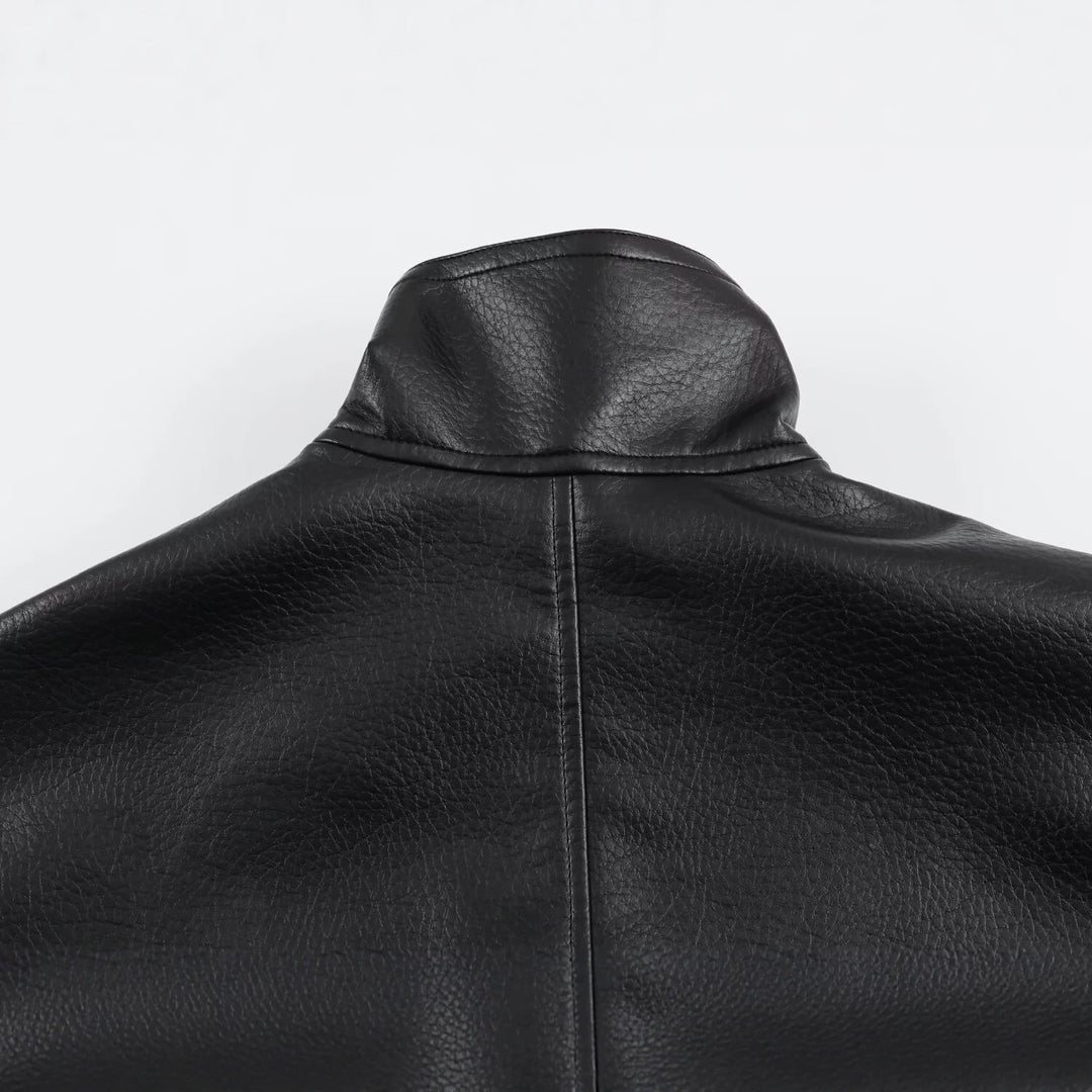 Women's Oversized Faux Leather Jacket with High Funnel Collar and Patch Pockets Amarae