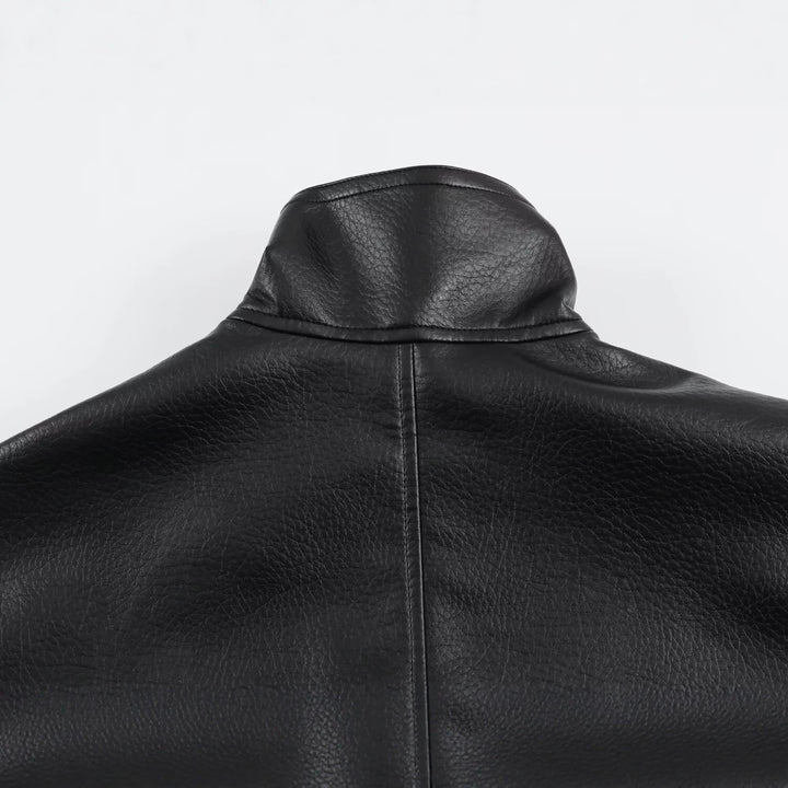 Women's Oversized Faux Leather Jacket with High Funnel Collar and Patch Pockets Amarae