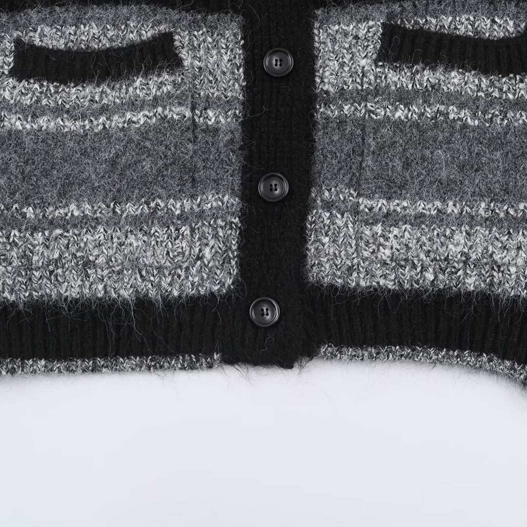 Women's Oversized Knit Cardigan with V-Neck, Striped Pattern and Patch Pockets Amarae