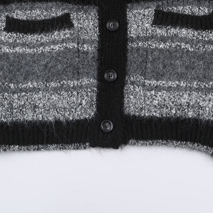 Women's Oversized Knit Cardigan with V-Neck, Striped Pattern and Patch Pockets Amarae