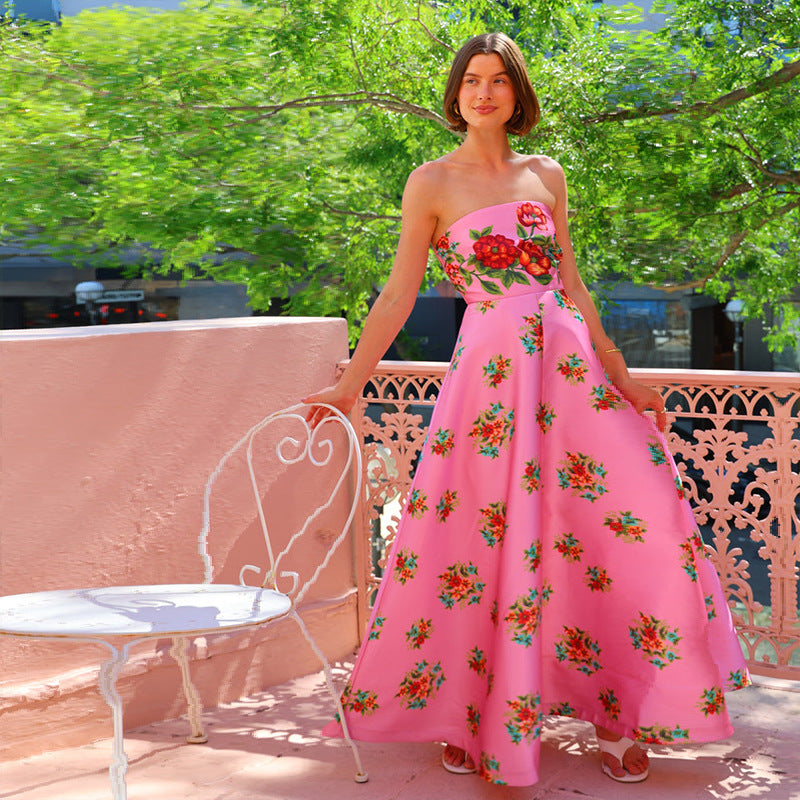 Ladies ball gown with floral top and flowing skirt Lune London