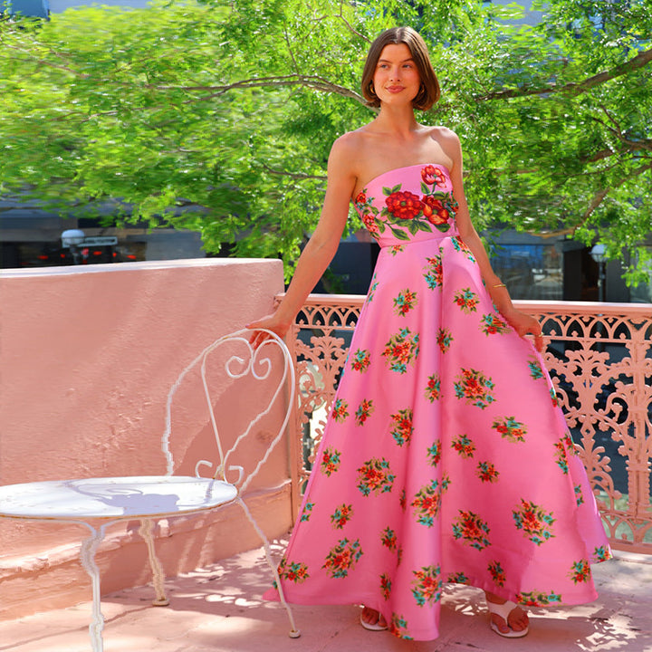 Ladies ball gown with floral top and flowing skirt Lune London