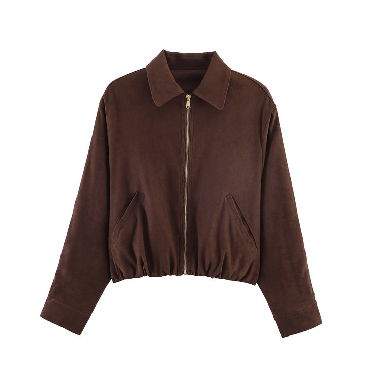Ladies short cut velour look bomber jacket with lapel collar and elastic hem Amarae